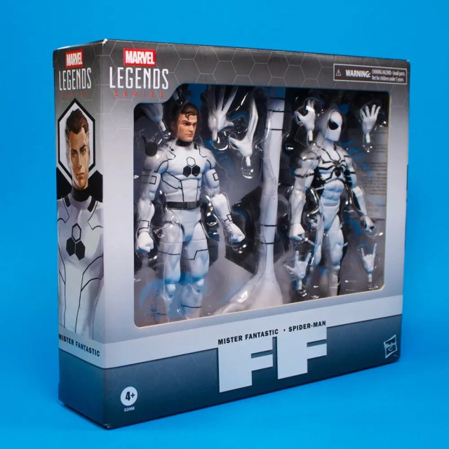 Marvel Legends Series action figure set featuring Mister Fantastic and Spider-Man in distinctive white and gray costumes, displayed in clear packaging.