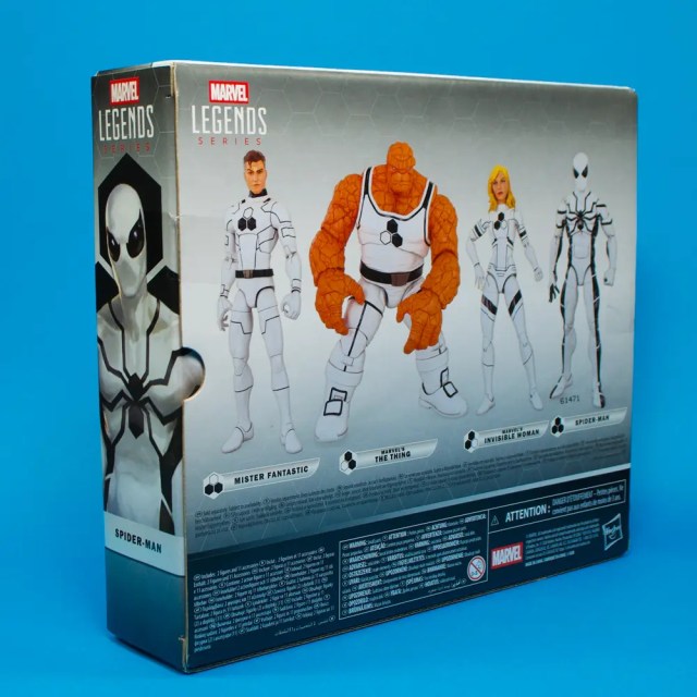 Box featuring Marvel Legends Series action figures including Spider-Man, Mister Fantastic, The Thing, and Invisible Woman against a blue background.