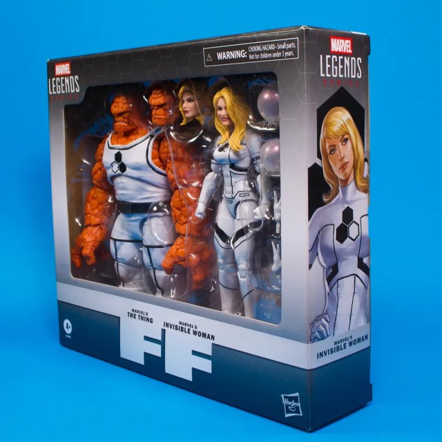 Packaged Marvel Legends action figures of The Thing and Invisible Woman from the Fantastic Four series.