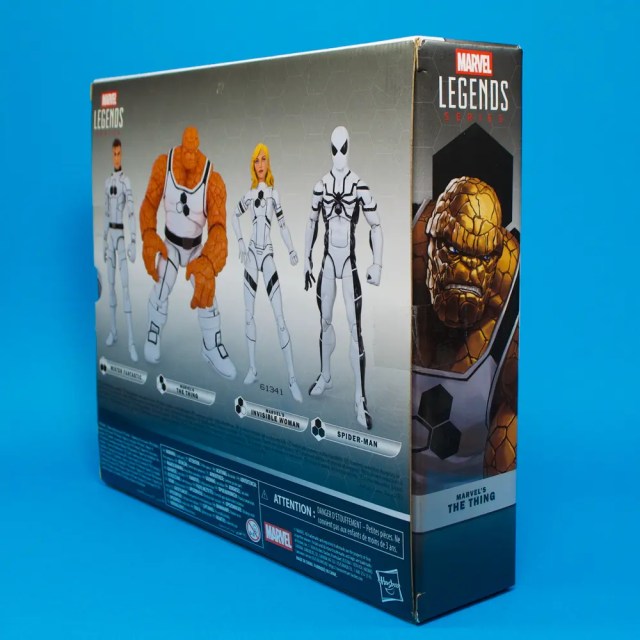 Back of a Marvel Legends action figure box featuring characters: Mr. Fantastic, The Thing, Invisible Woman, and Spider-Man in white suits.