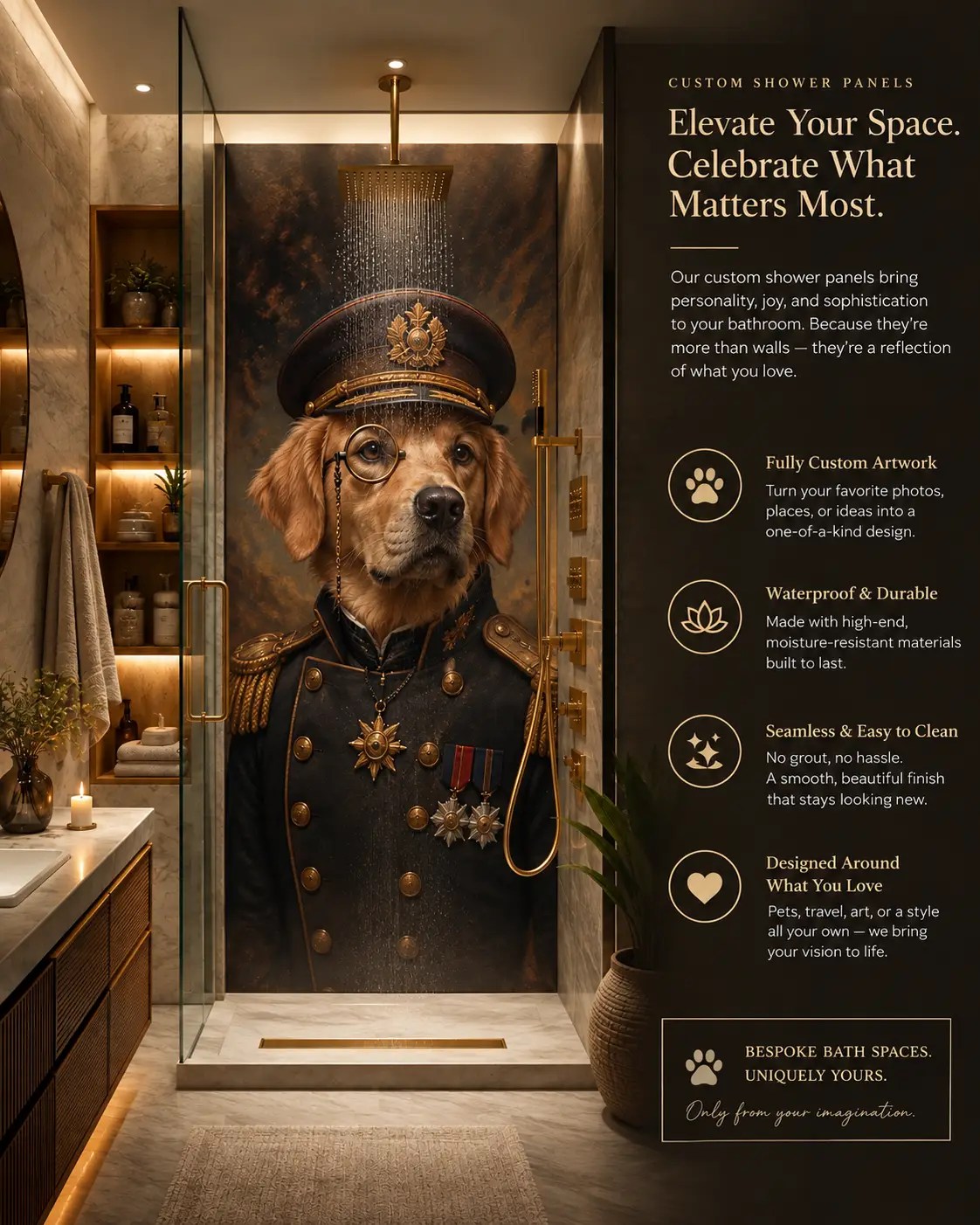 Custom waterproof shower wall concept featuring a golden retriever portrait in an elegant luxury bathroom.