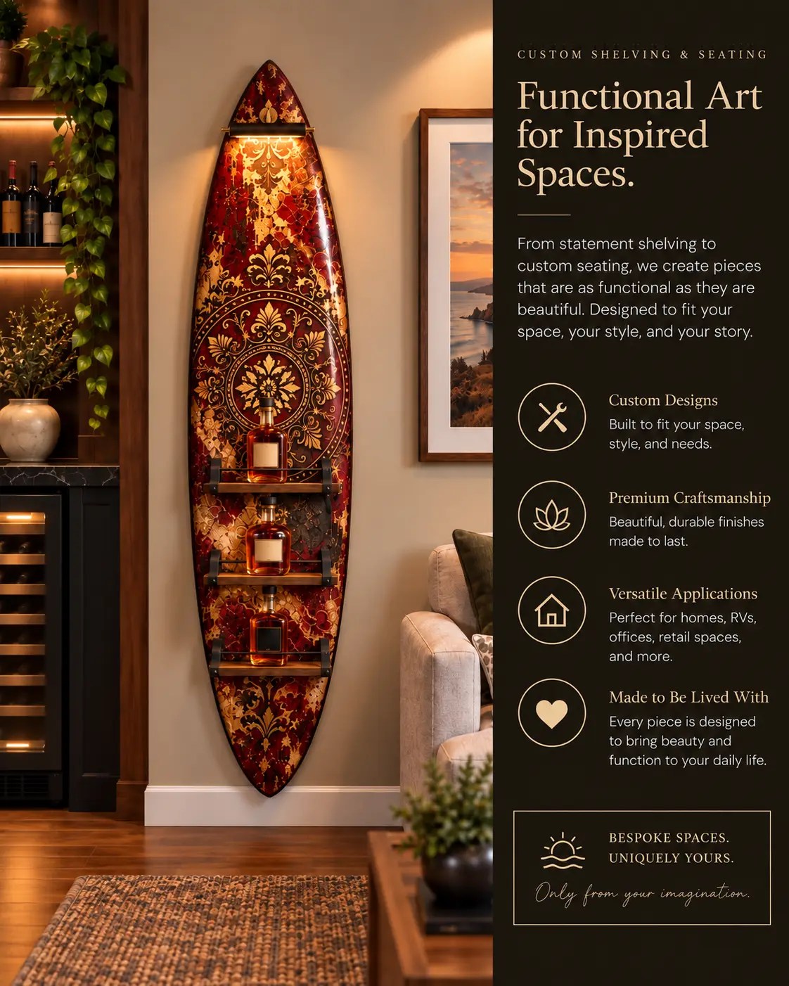 Decorative surfboard wall art with custom bottle display shelving in a warm, sophisticated interior.