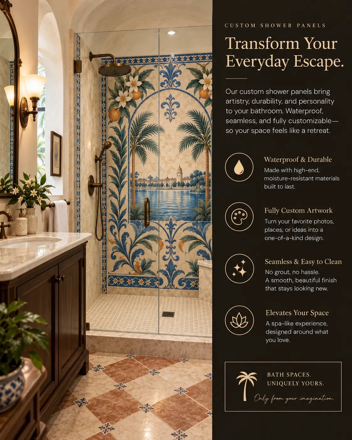 Mediterranean-inspired custom shower wall concept with oranges, palms, blue botanical details, and a coastal landscape.