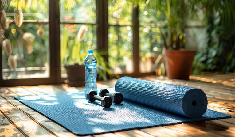 An exercise mat and dumbbell weights on a wooden floor in a beautiful plant-filled room.