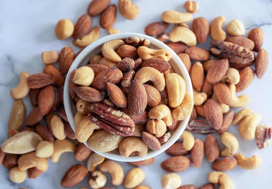 A delicious bowl of organic mixed nuts.