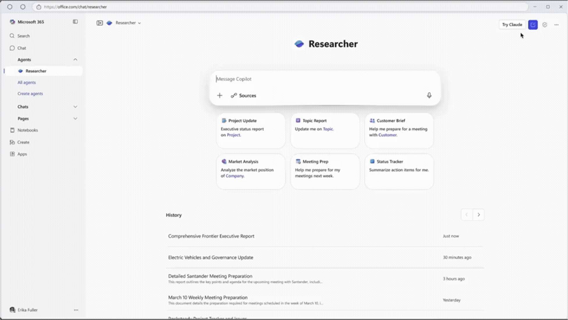 Microsoft 365 Copilot Researcher에 새로 추가된 'Try Claude' 버튼