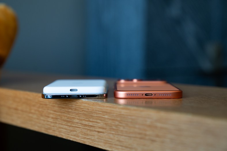 iPhone Air and 17 Pro Max shown from the bottom with the MagSafe battery pack on the Air
