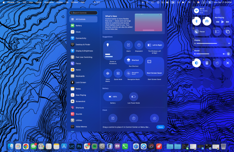 The Controls Gallery, with many toggles and buttons you can drag and drop to either the Command Center or Menu Bar. Note that I added enough stuff to the Menu Bar in this example to bump the temperature to the other side of the MacBook Air’s notch (which is invisible in screenshots).