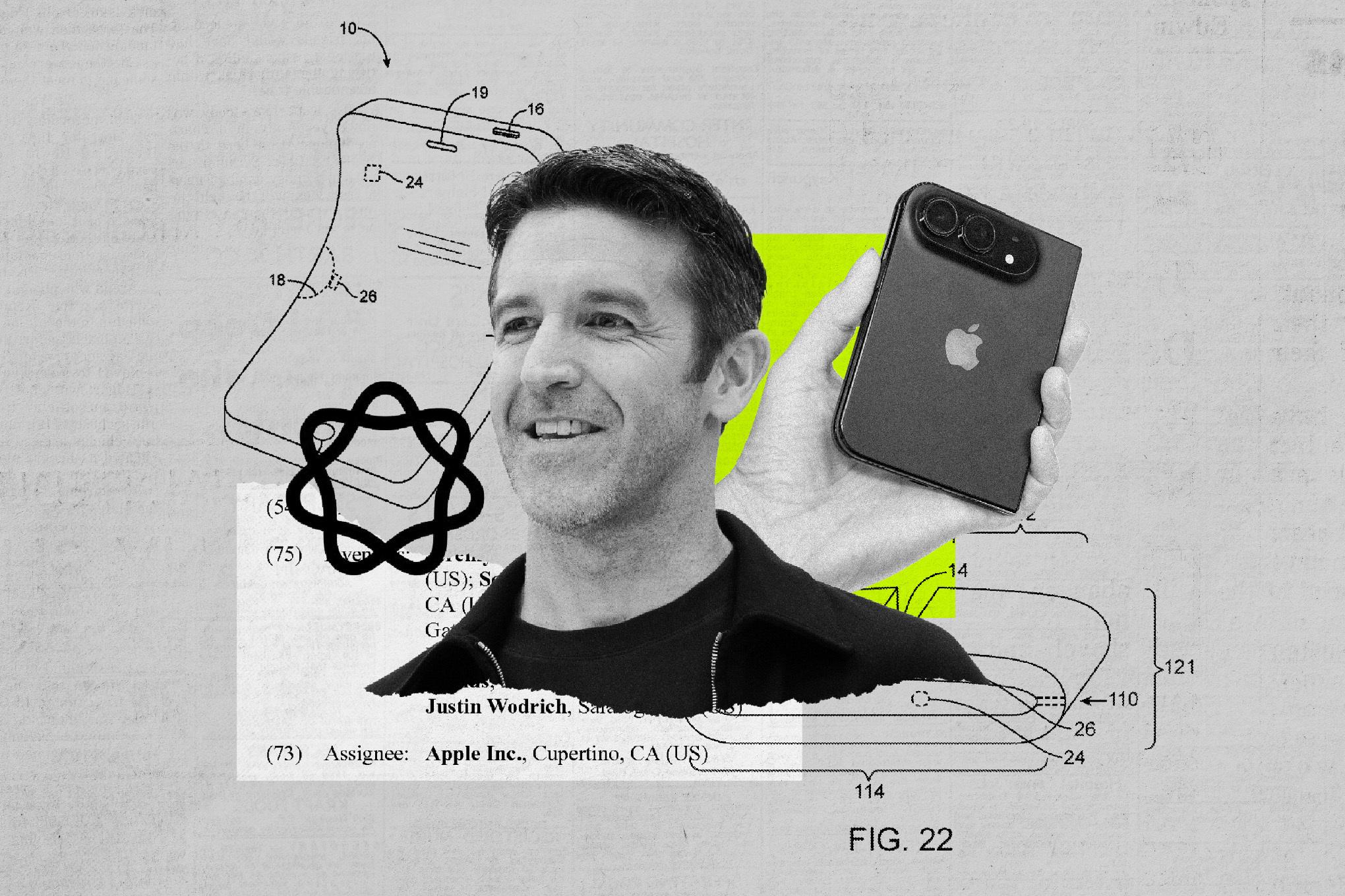 A stylized illustration of Apple CEO John Ternus and various Apple logos and devices