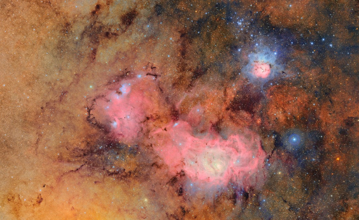 A vivid, high-resolution image of a star-forming region in deep space, prominently featuring the Lagoon Nebula (Messier 8) in glowing pink and the Trifid Nebula (Messier 20) in a blend of pink and blue hues. The nebulae are surrounded by dense star fields and golden interstellar dust clouds. Dark filaments of cosmic dust snake through the frame, especially near the pink emission areas. The overall color palette includes warm golds, reds, cool blues, and purples, highlighting active regions of stellar birth and ionized gas.