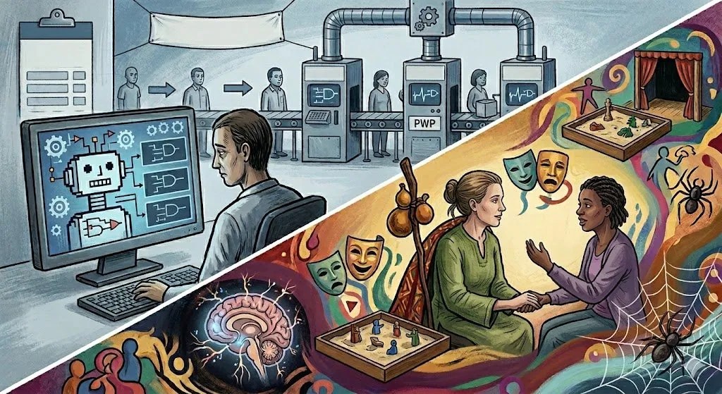 A split-screen illustration contrasting automated mental health care with creative arts therapy. The left side shows a sterile, blue-tinted NHS factory line labeled PWP, where people are processed by assembly-line machinery and a computer monitor displaying an AI robot running a rigid CBT protocol. The right side features a vibrant, colorful, and expressive space where a white female dramatherapist in a green tunic sits face-to-face with a client, surrounded by theatrical masks, a sand tray scene, a miniature stage, and dynamic artwork representing the subconscious and somatic healing.