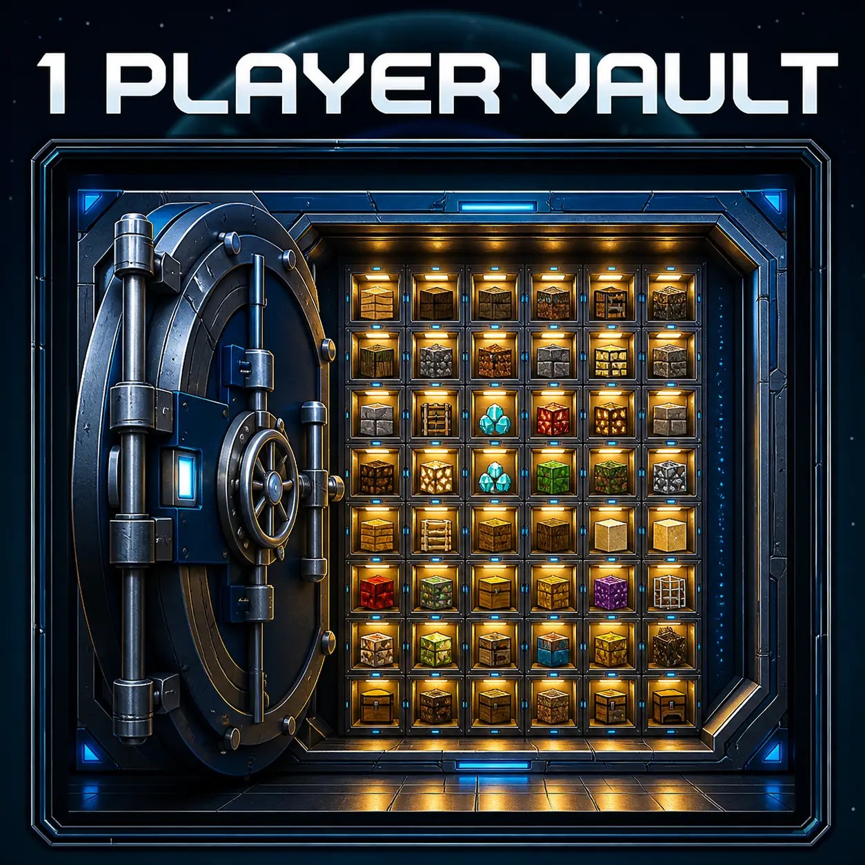 One Player Vault product artwork showing a secure 54-slot storage vault