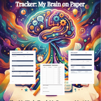 Self-Monitoring Assignment Tracker My Brain on Paper journal cover with assignment tracker, Week in Review, and Prepare for Next Week page previews