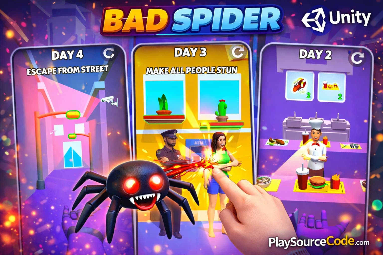Bad Spider Unity Project | PlaySourceCode.net Bad Spider Unity game with physics swinging gameplay