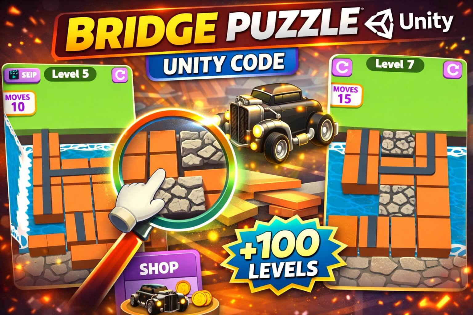 Bridge Puzzle Unity game with physics-based bridge building and car crossing gameplay