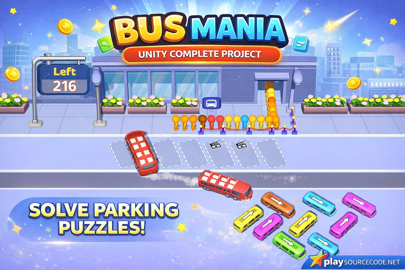 Bus Mania jam 100+ Levels Unity Complete Project | PlaySourceCode.net Bus Mania Jam Unity Game Gameplay showing colored buses and passengers