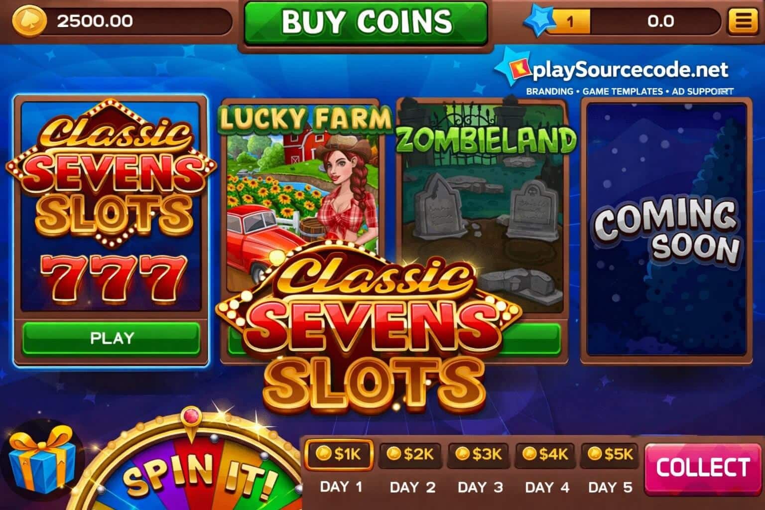 Classic Seven Slots Complete Unity Project | PlaySourceCode.net Classic Seven Slots Unity Project Lobby and Slot Themes