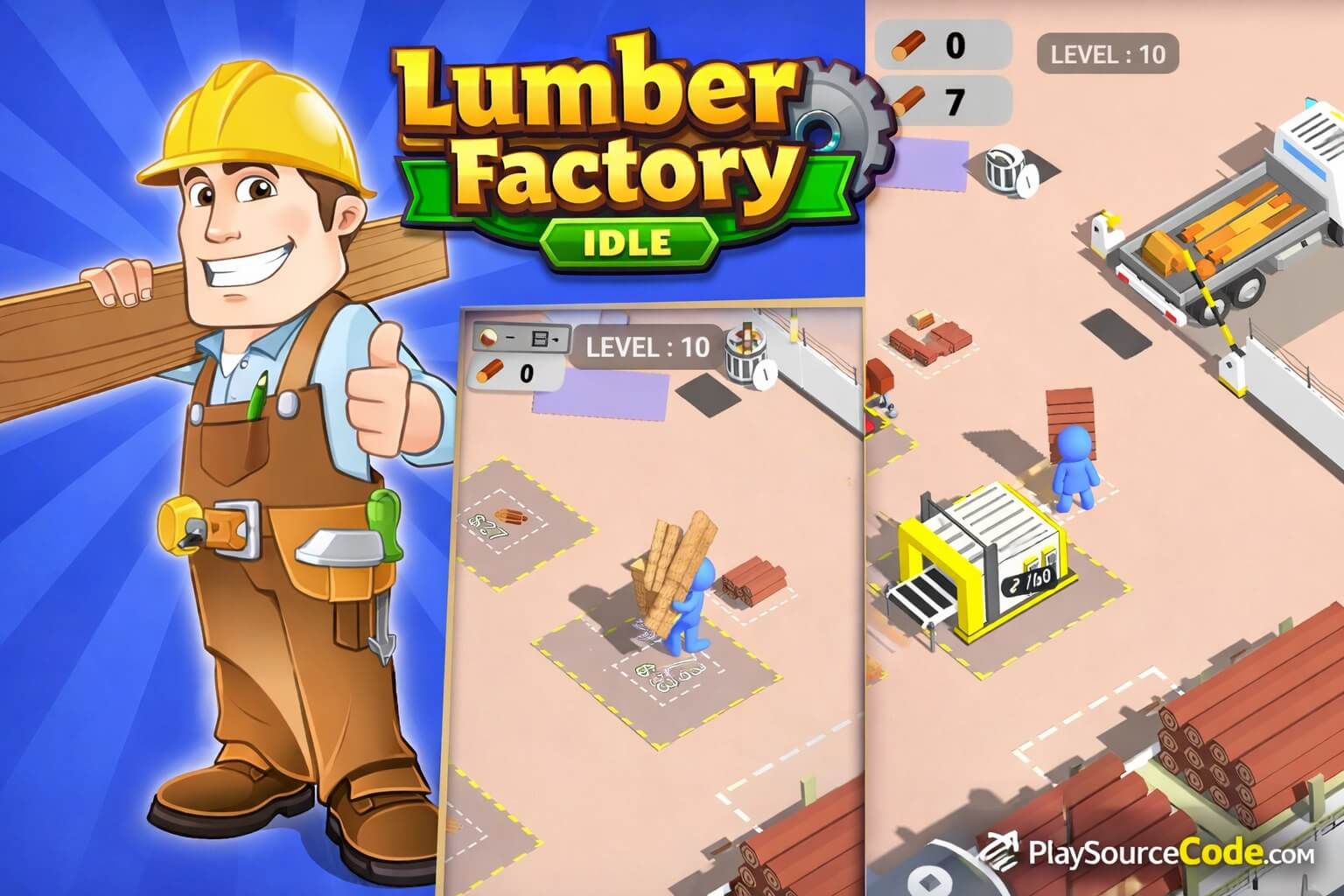 Lumber Factory Idle Unity Project Gameplay showing 3D factory and wood processing