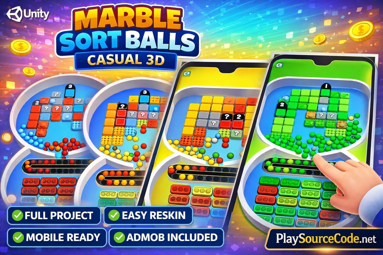 Marble Sort Balls Unity Game Gameplay showing 3D tubes and colored marbles