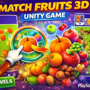 Triple Match Fruits Unity Game Gameplay showing 3D fruits and farm animals