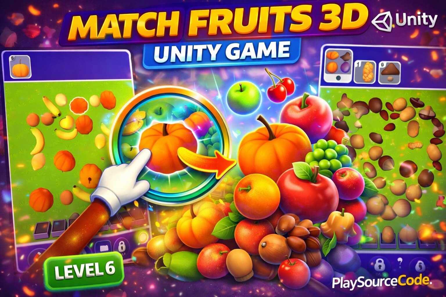 Triple Match Fruits Unity Game Gameplay showing 3D fruits and farm animals