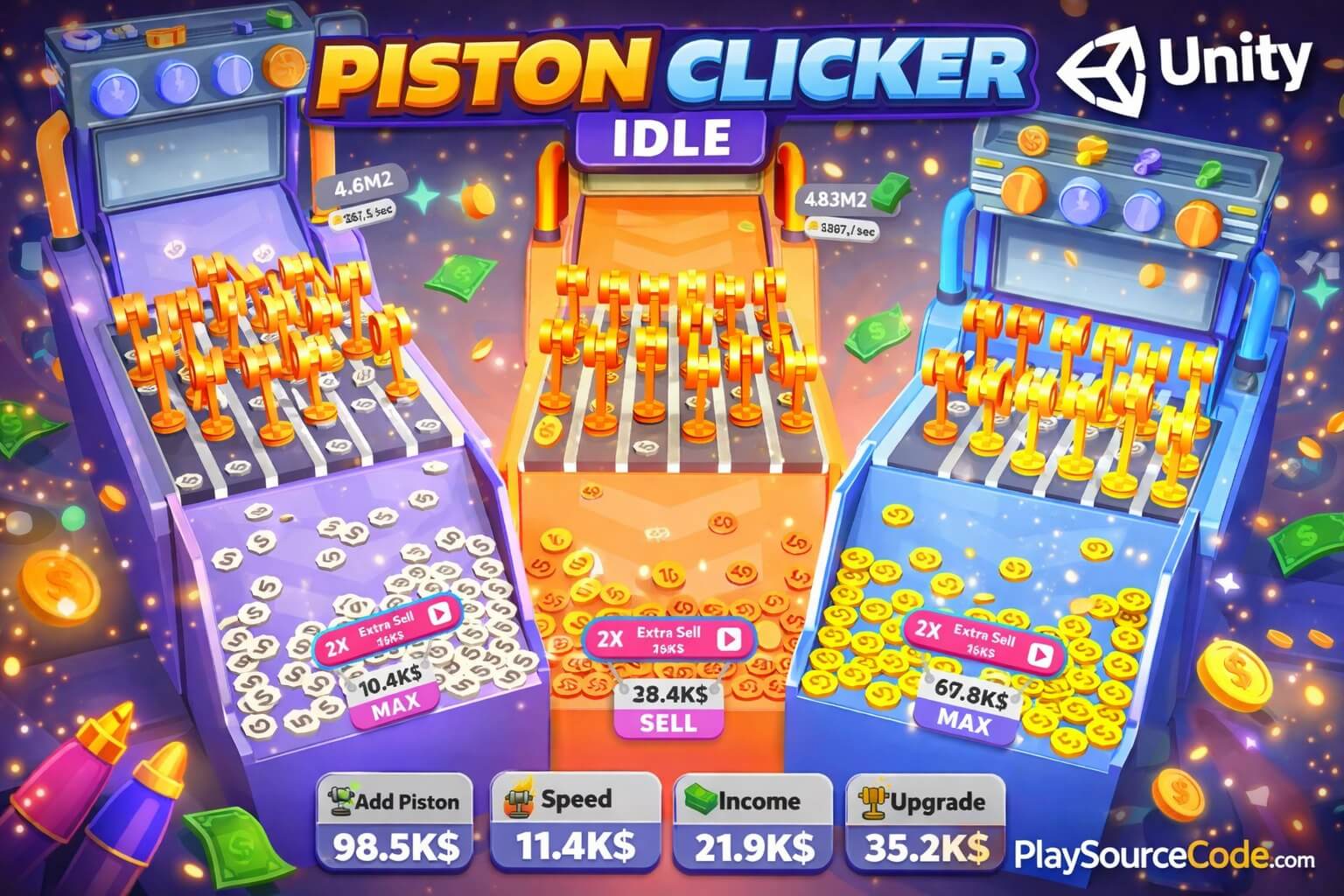 Piston Clicker Unity Project | PlaySourceCode.net Piston Clicker Unity game with idle clicker and upgrade gameplay