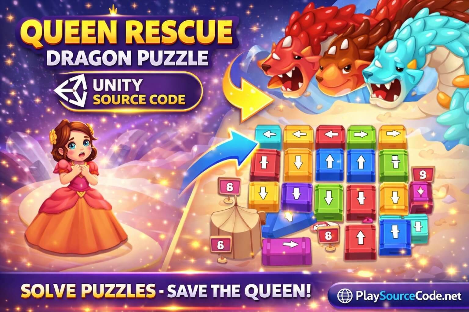 Queen Rescue - Dragon Puzzle Unity Source Code | PlaySourceCode.net Queen Rescue Unity game with color matching dragon defense gameplay