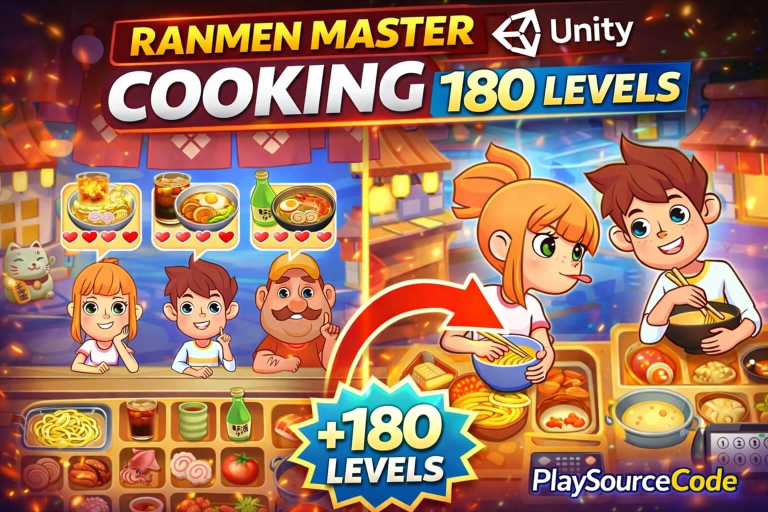 Ramen Master Unity Game Gameplay showing kitchen upgrades and ramen serving