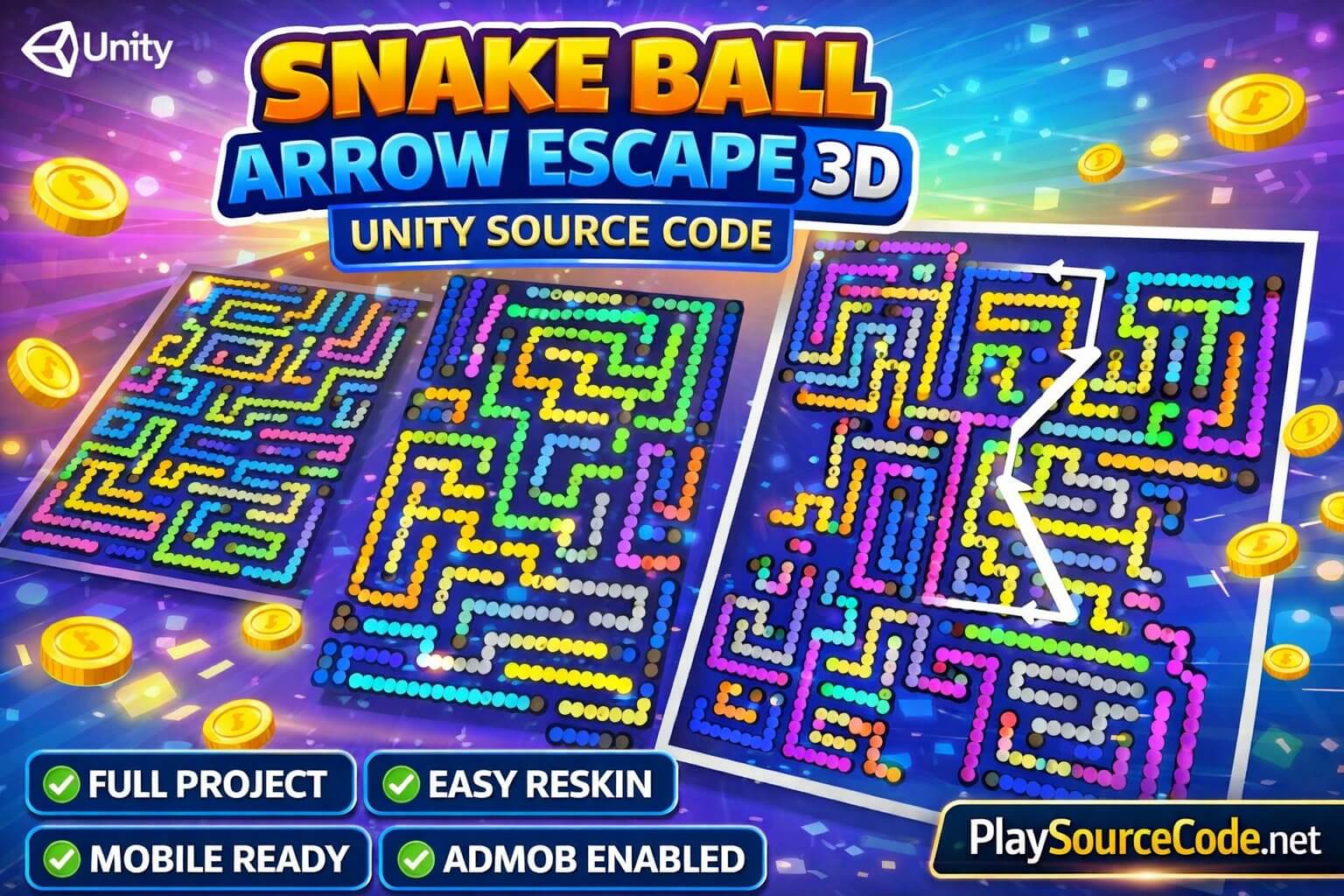 Snake Ball Arrow Escape 3D Game Unity Source Code | PlaySourceCode.net Snake Ball Arrow Escape 3D Unity Game Gameplay showing tangled paths and arrows