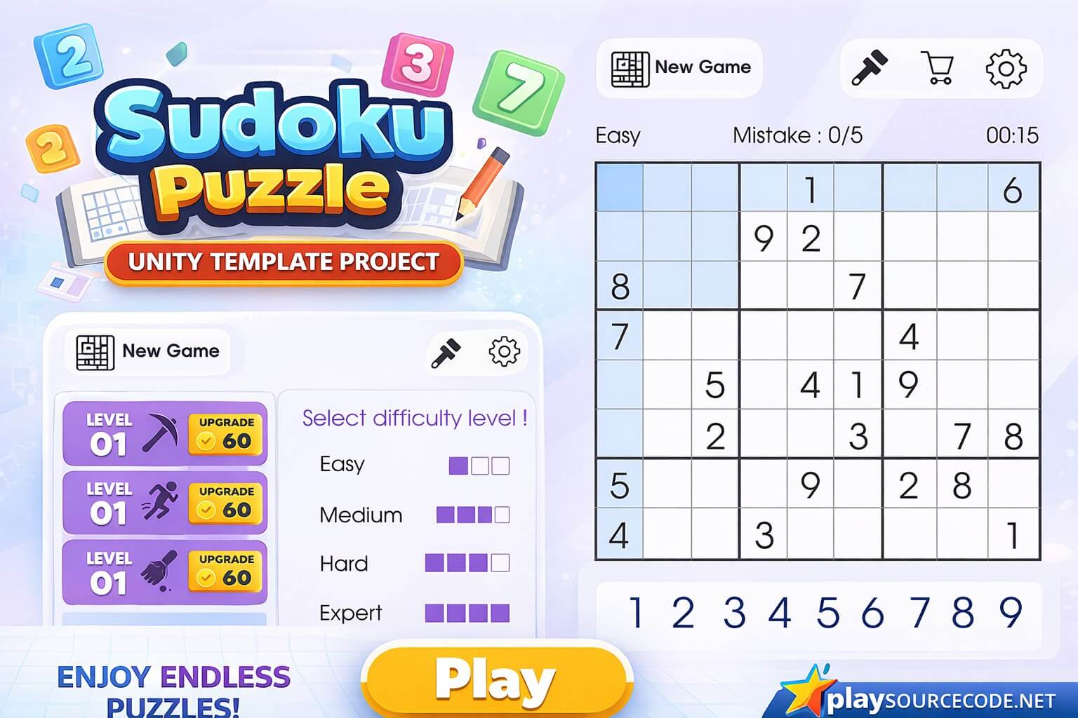 Sudoku Puzzle Unity Template Project UI and Gameplay showing Dark Mode