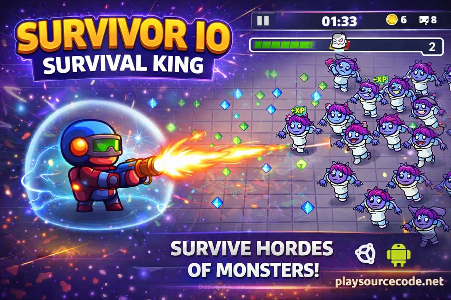 Survivor IO Survival King – Unity Source Code (Android + iOS URP Ready) Survivor IO Unity action survival game with enemy waves