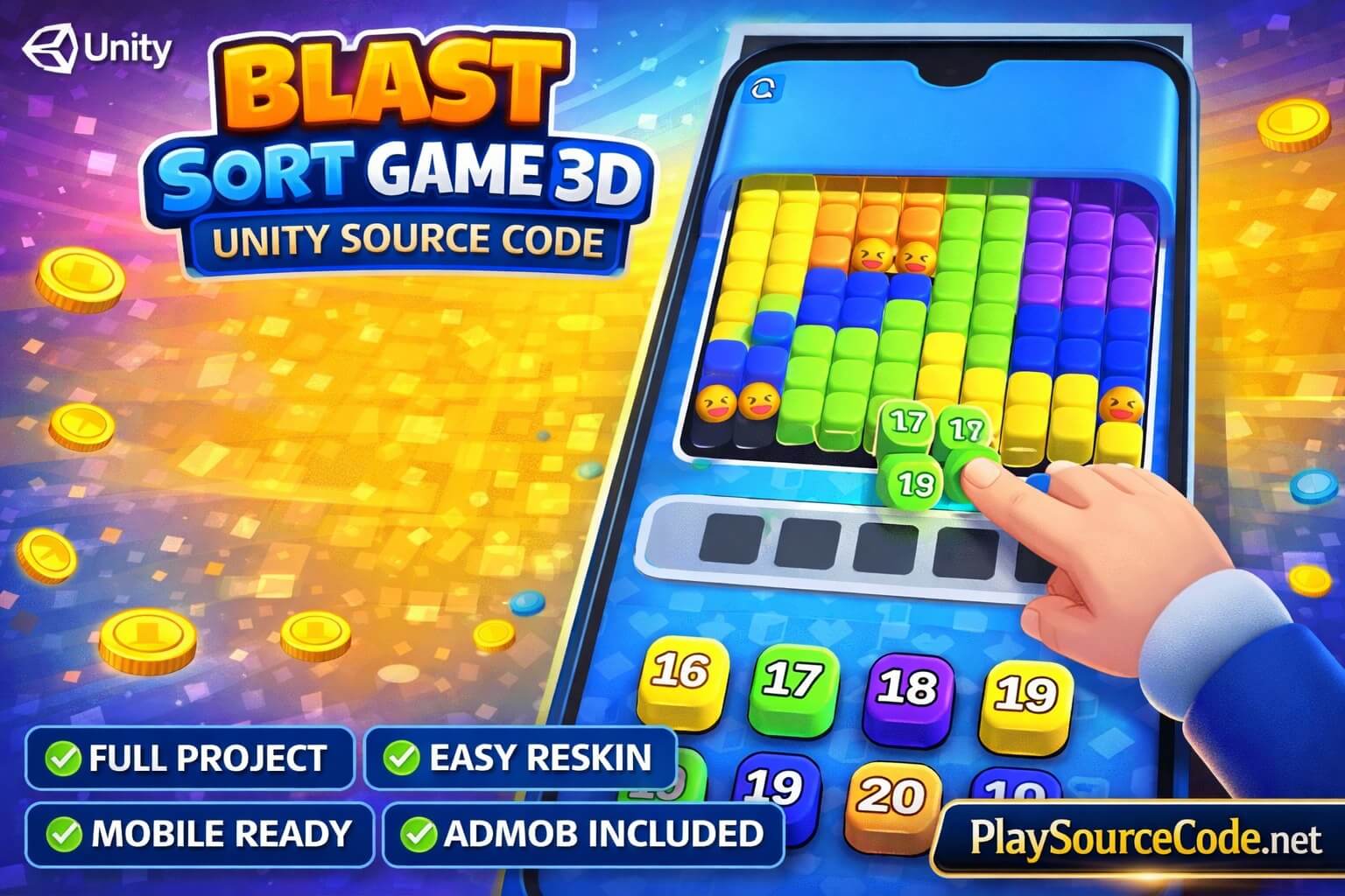 This Is Blast Sort Game 3D Unity Game Source Code | PlaySourceCode.net This Is Blast 3D Unity Game Gameplay showing block explosions and Fortune Wheel