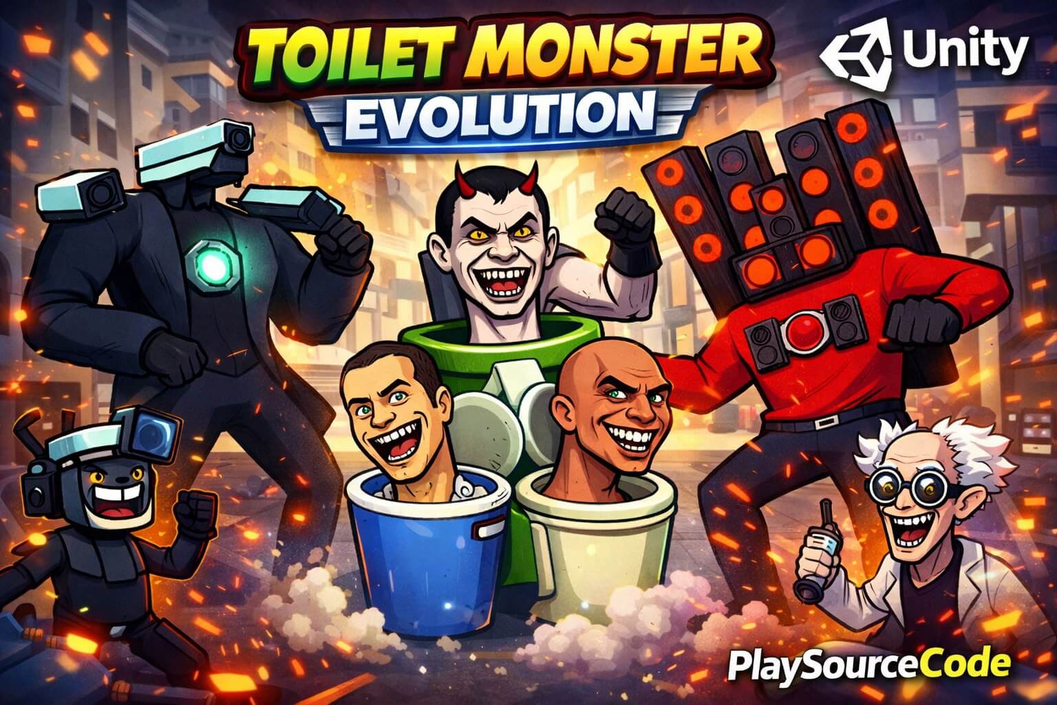 Toilet Monster Evolution Unity Game Gameplay showing monster merging and leveling
