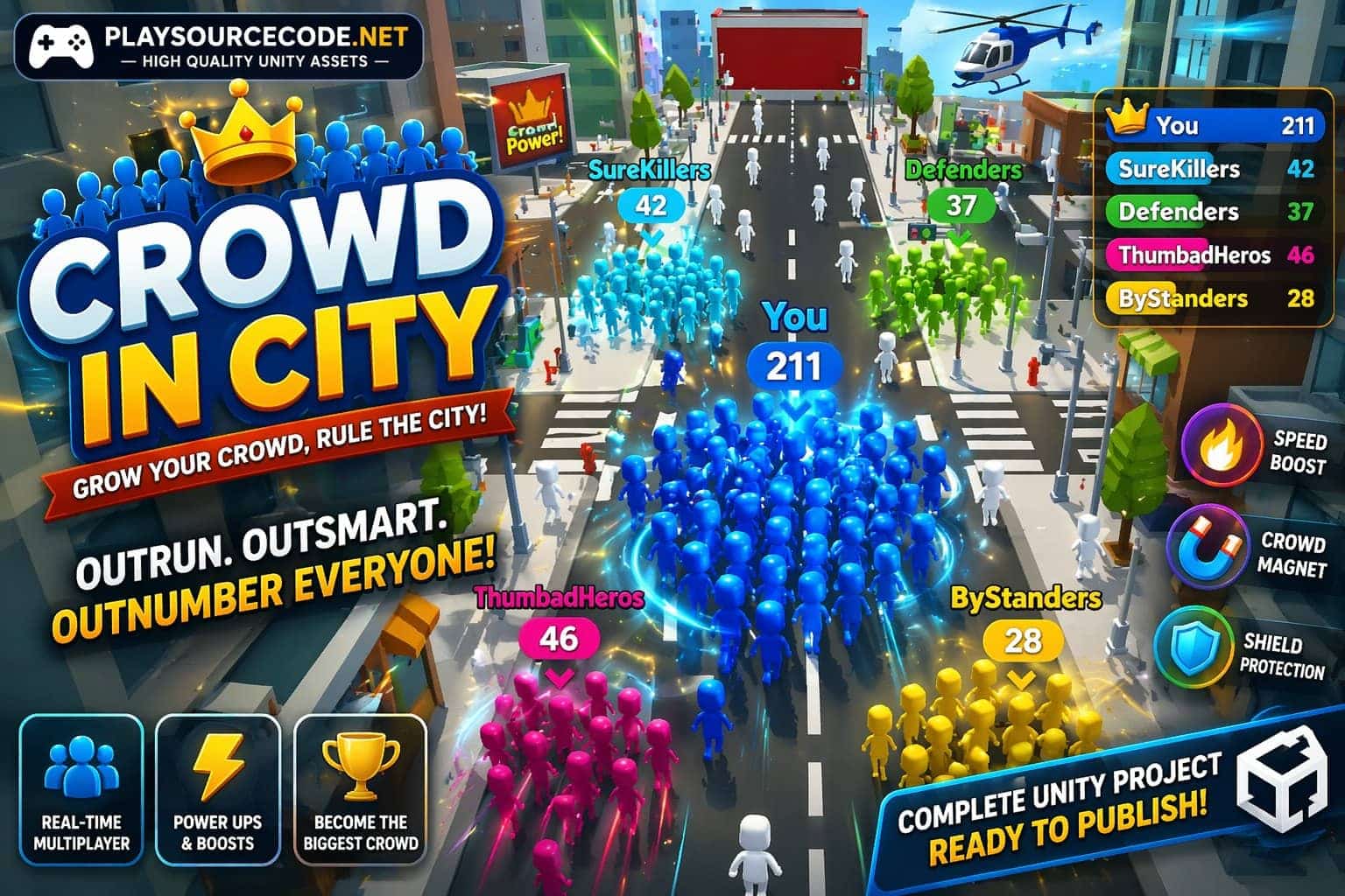 Crowd City Unity Hyper Casual Game Template Caption: Crowd City Unity game crowd simulation gameplay with growing group in city
