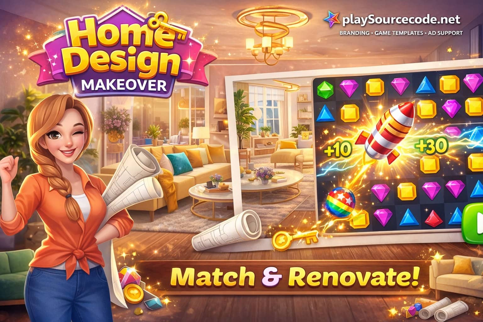 Home Design Makeover Match-3 Game Unity Code | PlaySourceCode.net home design match 3 unity game puzzle gameplay with interior decoration