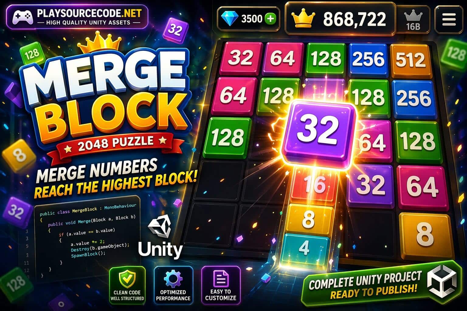 Merge Block 2048 Unity puzzle game merging numbers blocks gameplay screenshot