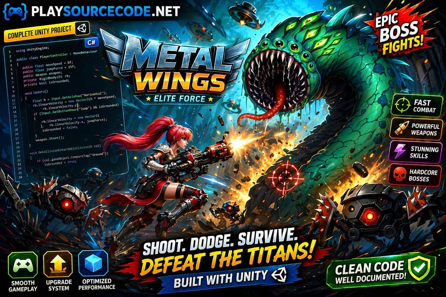 Metal Wings Unity 2D side scroller shooter gameplay with soldier shooting enemies