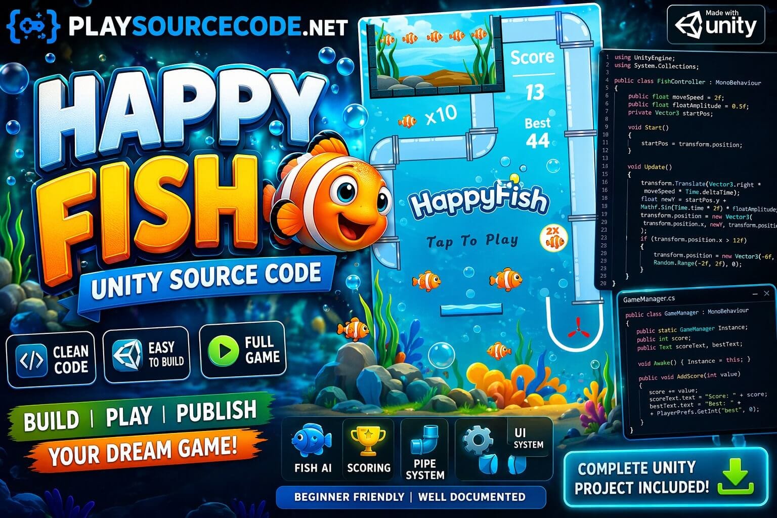 Happy Fish Unity game aquarium gameplay guiding fish into tank with swipe controls