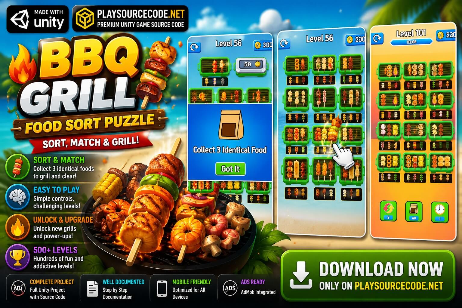 BBQ Grill Food Sort Puzzle Unity Game Source Code | PlaySourceCode.net BBQ Grill Food Sort Puzzle Unity Game Source Code