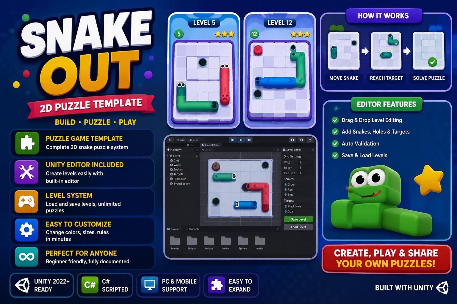 Snake Out 2D Unity Source Code – 500 Levels, Level Editor & Generator | PlaySourceCode.net