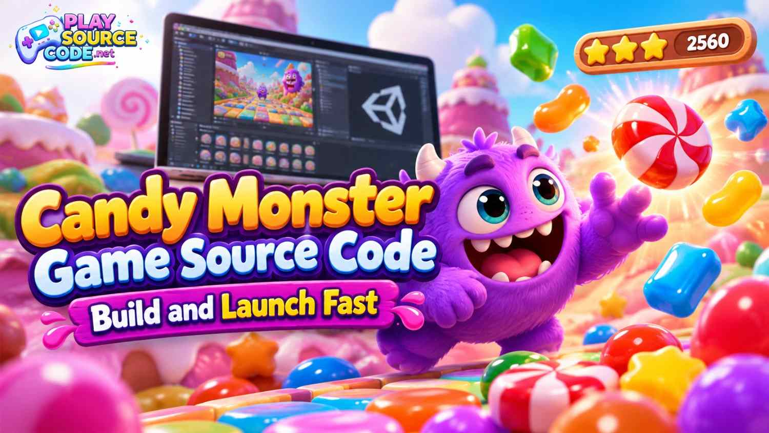 Candy monster game source code with colorful monster and candy graphics