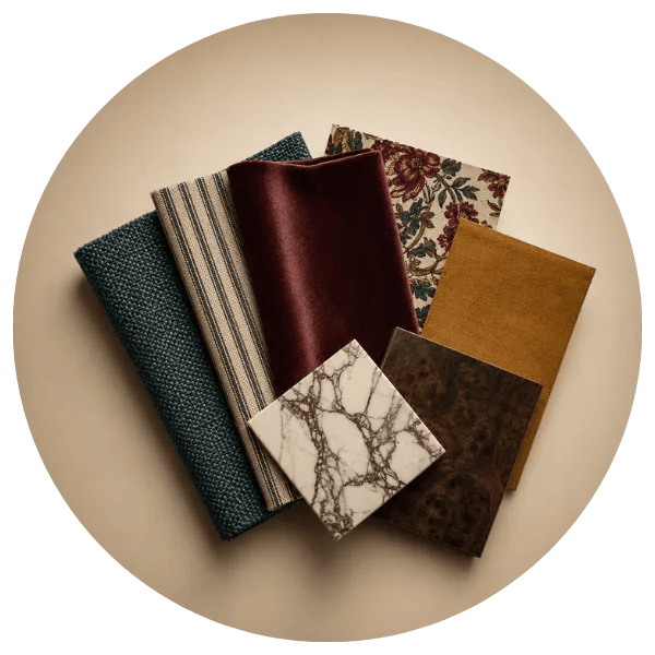 Assorted fabric swatches in teal, striped, burgundy velvet, floral, mustard, and marble textures arranged in a cluster.