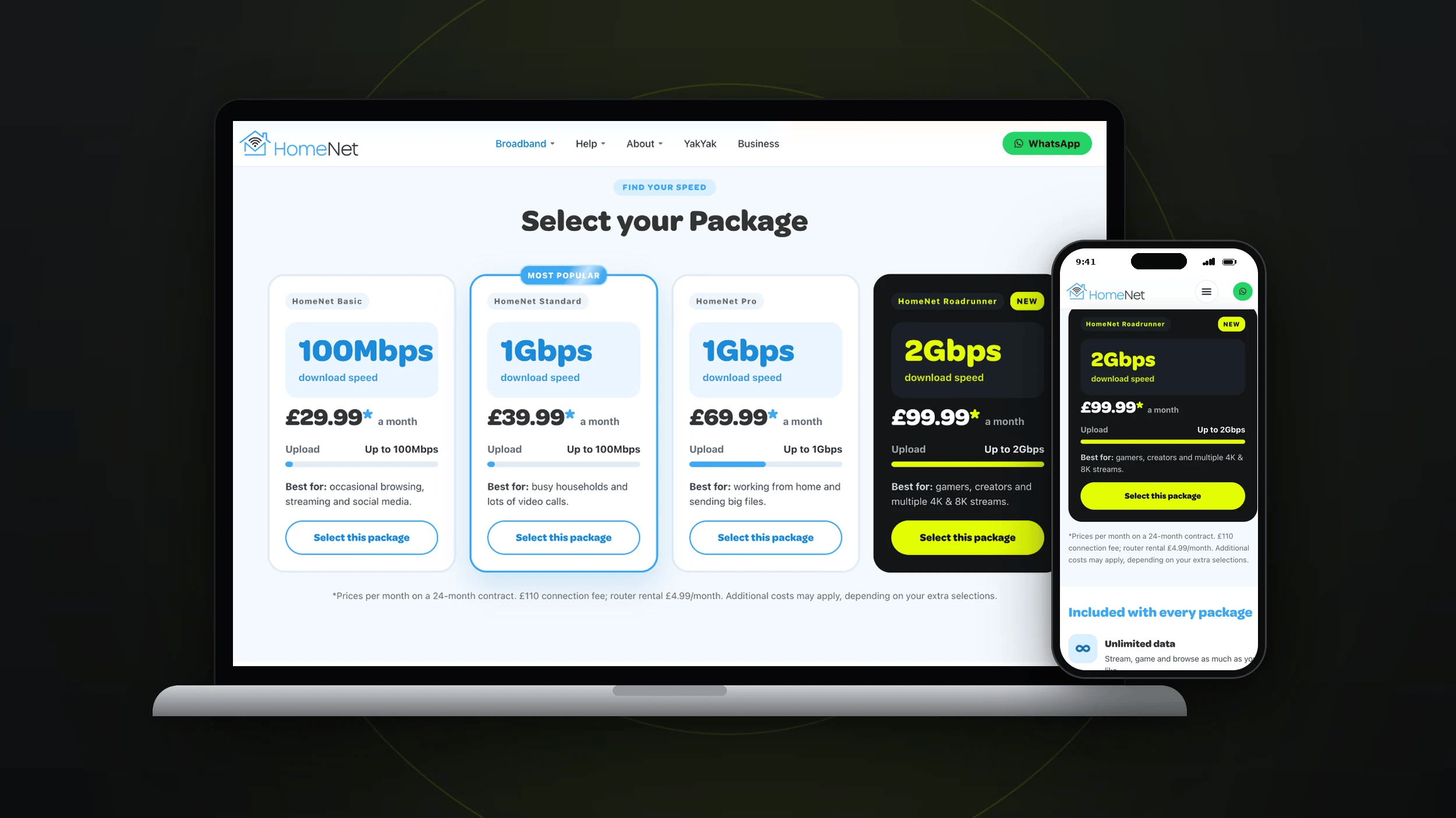 HomeNet broadband packages page — website by Paul Le Breton