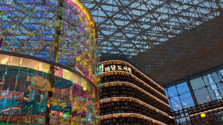 bookshelves inside of starfield library in seoul