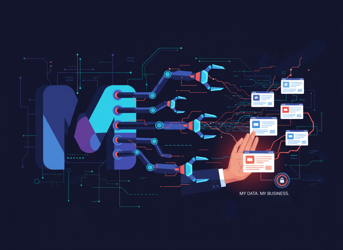 A striking digital illustration showing a large social media platform (represented by abstract blue and purple geometric shapes resembling the Meta logo) extending robotic/AI mechanical arms to reach into and extract data from small business websites. In the foreground, a business owner's hand protectively shields their own independent website and lead database. The mood is tense and corporate, with a dark tech background featuring data streams, neural network patterns, and faint code. Color palette: deep navy, electric blue, purple, with accents of red/orange to convey urgency. Bold, modern editorial style suitable for a business strategy blog.