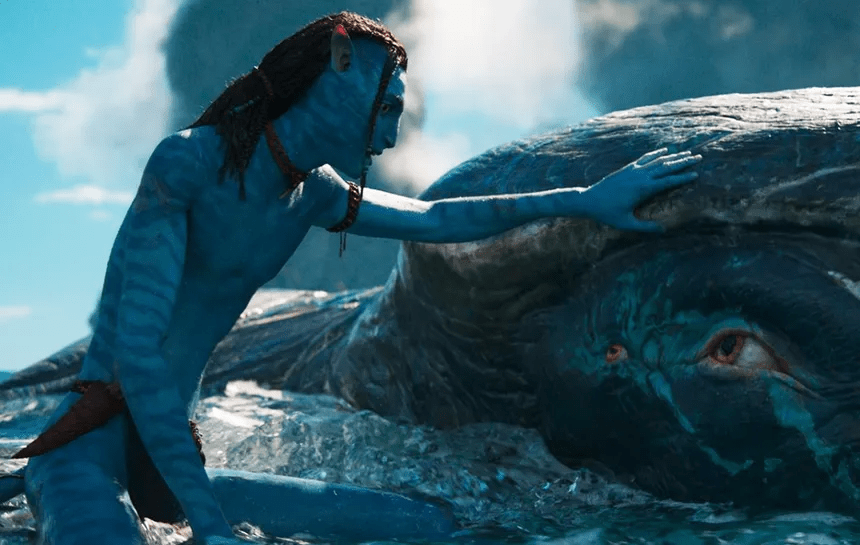 Still image from Avatar: Fire and Ash featuring Payakan, the punchy whale.