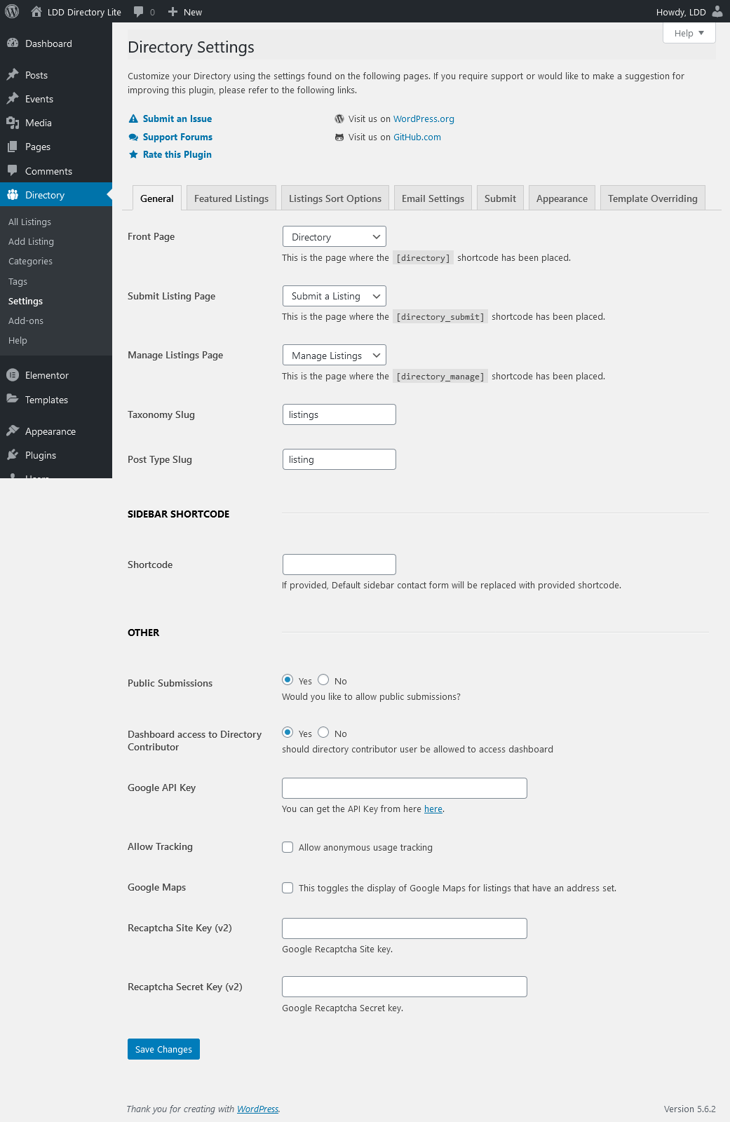 LDD Directory Configuration ‹ General — WordPress