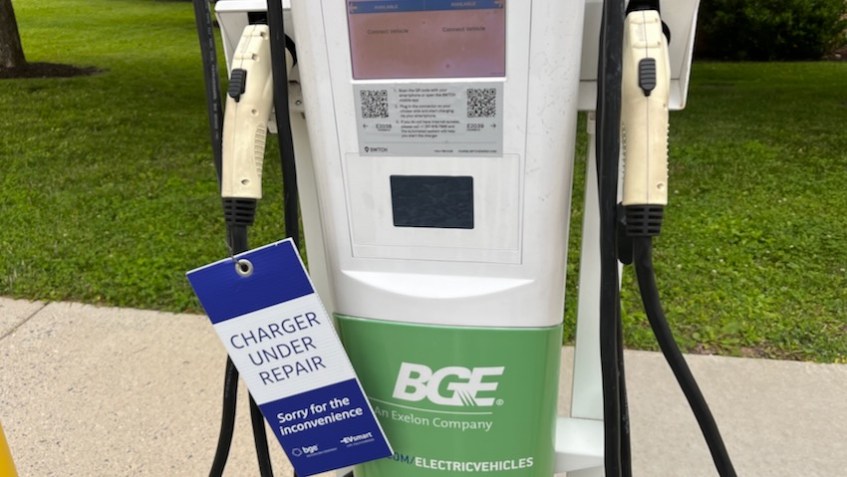 EV charger under repair at the Miller Branch of the Howard County Library 