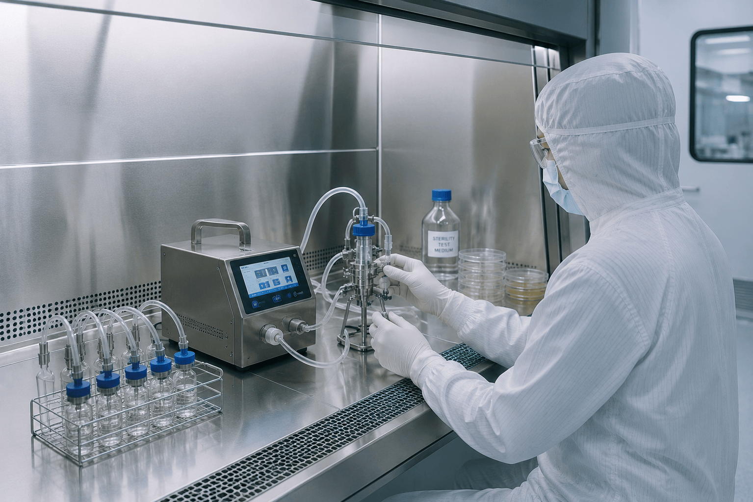 Scientist preparing a pharmaceutical product for sterility testing