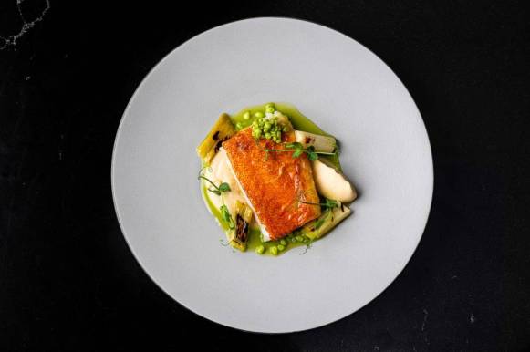 Lapu-Lapu a la Plancha (Grouper fillet, celeriac puree, cauliflower toffee, grilled leeks and snow peas) from Cantabria Lapu-Lapu a la Plancha (Grouper fillet, celeriac puree, cauliflower toffee, grilled leeks and snow peas) from Cantabria
